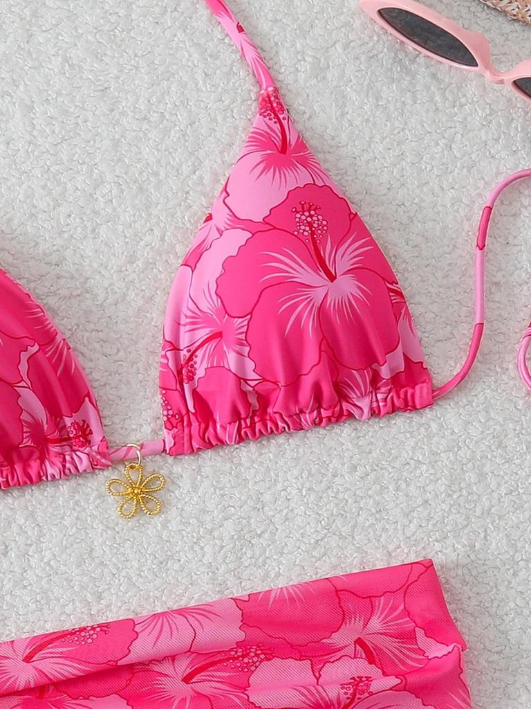 2026 Women's European & American High-Waisted Three-Piece Solid Color Swimsuit Bikini Set