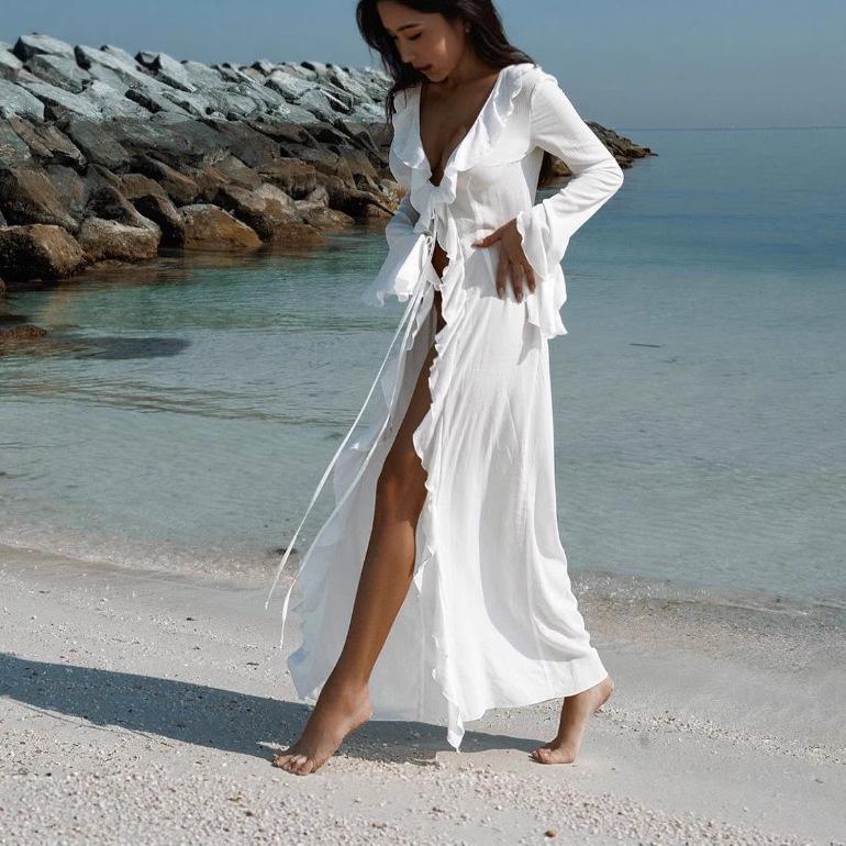 Europe and America Vacation Beach Long Sleeve Lace Cardigan Dress - Sun Protection Bikini Cover-up