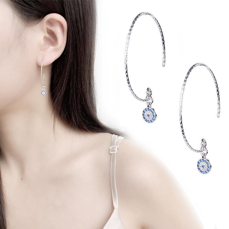 4 Styles Blue Crystals Devil 'S Eye Long Section Chain Geometric Circle Earrings 