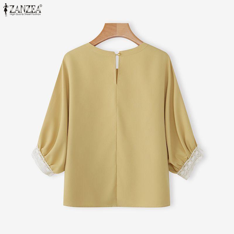 ZANZEA Women Casual Round Neck Lace Splice 3/4 Sleeve Blouse