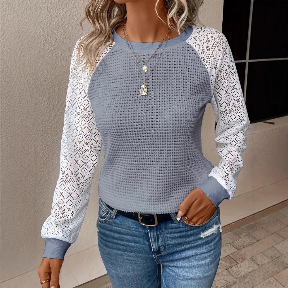 Women Solid Color Lace Long Sleeve Hollow Out Crew Neck Casual T-shirt Blouse Tops