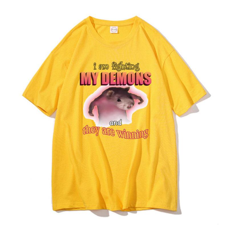 Funny I Am Fighting My Demons and They Are Winning T Shirts Women Casual Loose Tshirt Cute Kawaii Mouse Meme Graphic Unisex T-shirt