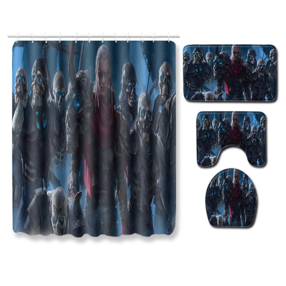 Skull Shower Curtain Floor Mat Combination Four-Piece Set Bathroom Toilet Carpet Shower Room Mat Foot Mat