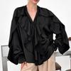 Black V-neck Ruffle Edge Bubble Sleeves Satin Women's Shirt 1116 European and American Autumn and Winter Fashion New Top