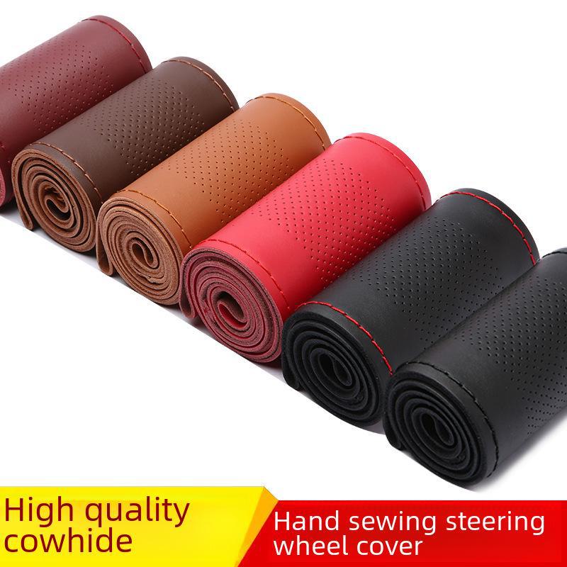 Genuine Cowhide Leather Steering Wheel Cover, Universal Hand-Sewn Design, All-Season Use, New Style