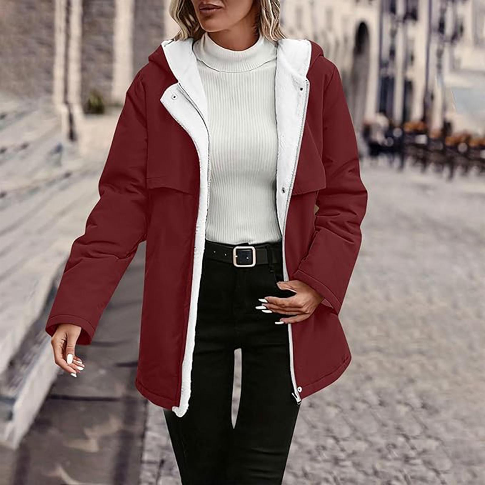 

Womens Fleece Lined Jacket Zip Up Hoodie Jackets Casual Long Sleeves Button Coat Fall Winter Coats S червоний