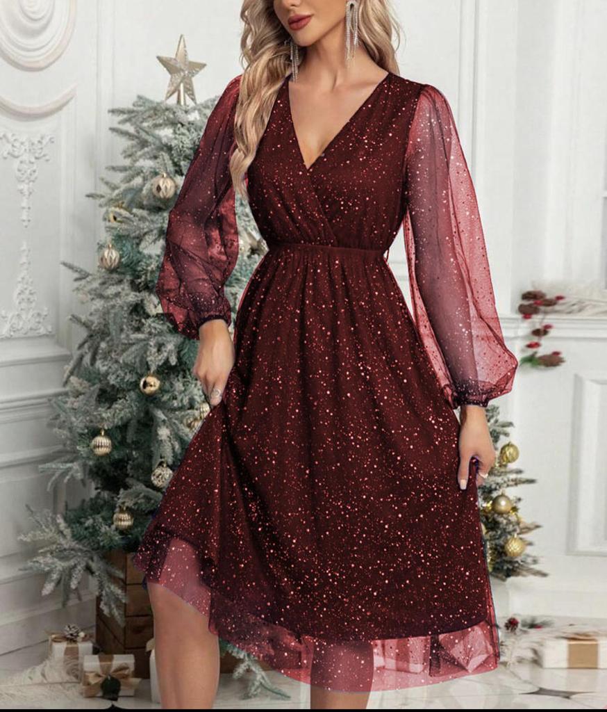2023 Elegant V-Neck Slim Patchwork Mesh Dress