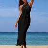 Damen Urlaubs Strandkleid, Handgehäkeltes gespleißtes Neckholder-Kleid, Sexy seitlicher Schlitz Sonnenschutz Langes Hemdkleid
