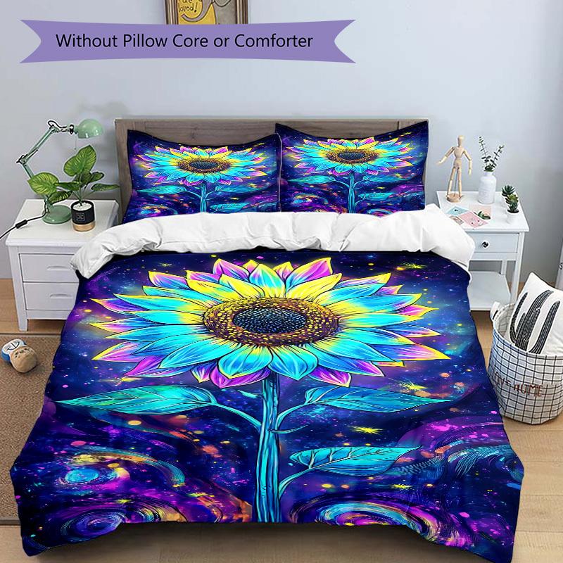 3pcs Cosmic Sunflower Bedding Set - 1 Duvet Cover + 2 Pillowcases(Core Not Included), Machine Washable Polyester, All-Season Comfort, Bedroo