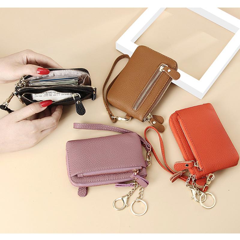 Women's Genuine Leather Mini Wallet Multi-Card Slots Coin Pouch with Keychain Handheld Zip Change Purse Stylish Compact Daily Accessory for Ladies