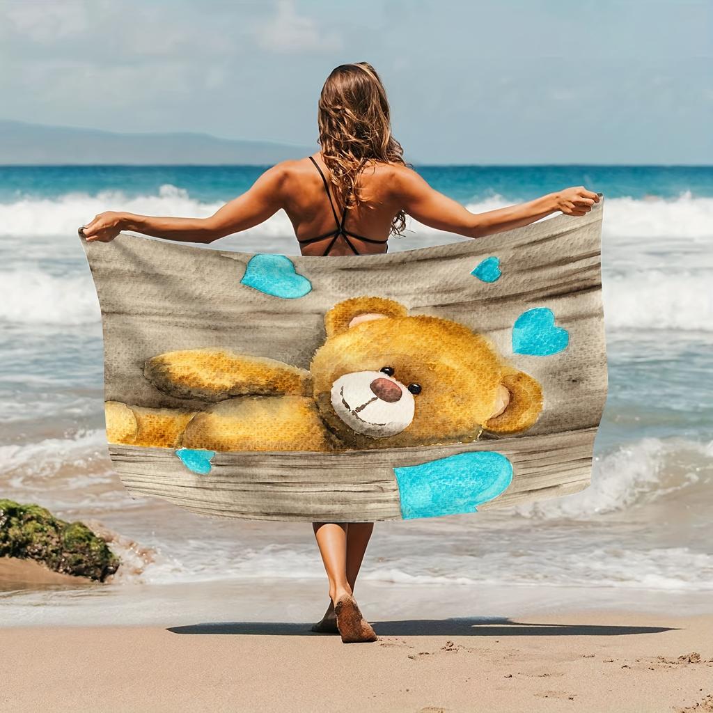 1pz Telo Mare con Fantasia Orsetti e Cuori, Moderno Telo da Bagno Grande in Microfibra, Morbido Asciugatura Rapida Assorbente per Vacanze Estive al Mare