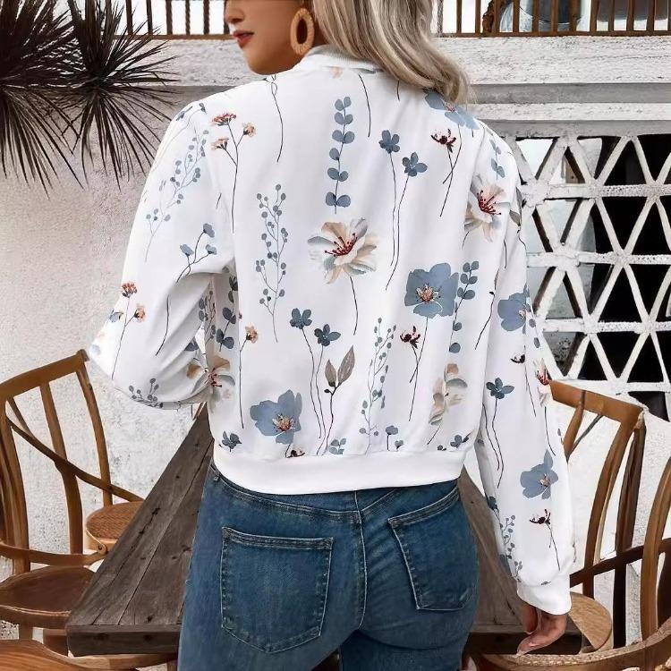 Elegant Women Casual Floral Print Cropped Jacket Long Sleeve Zippered Coat Autumn Winter Outerwear