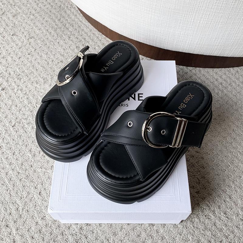 Fashion NEW 8CM Heels Wedge Slides Sandals Women Casual Outdoor Slippers Female Summer Buckle Beach Slipper Walking Chunky Shoes Woman