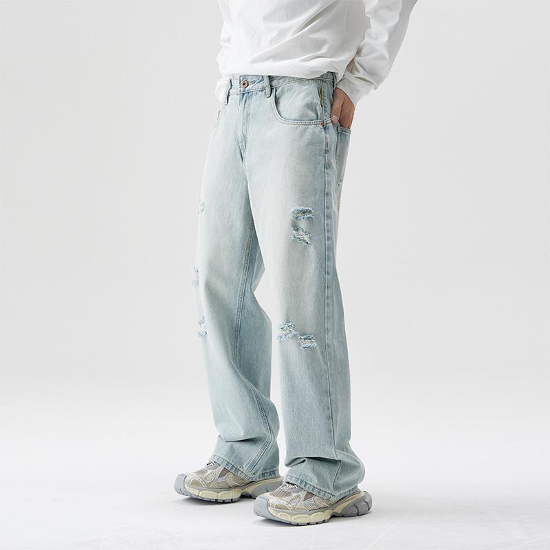 Autumn American High Street Ripped Loose Jeans Men's Trendy Brand Light-colored Straight-leg Pants