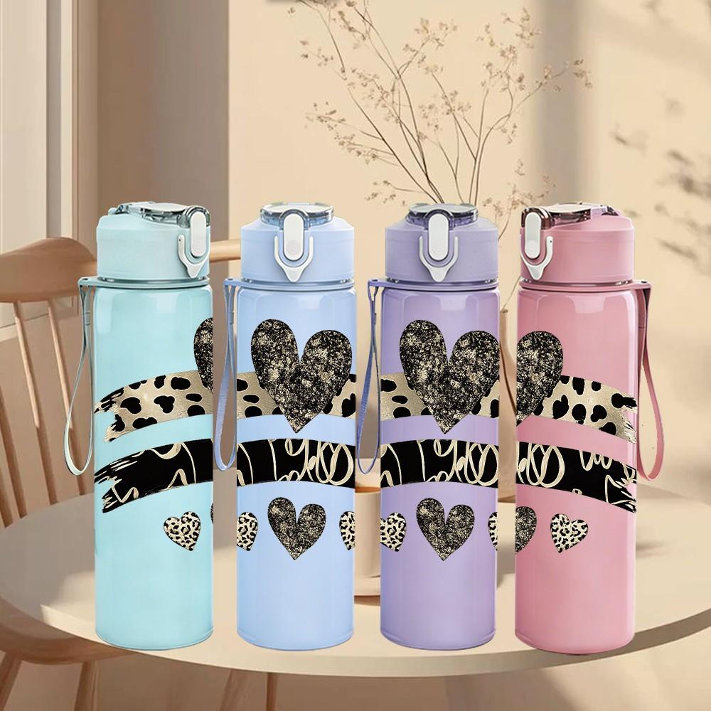 1PC Leopard Bow Heart Ribbon Print 750ml Color Plastic Sports Water Bottle Leakproof Flip Straw Lid Suitable for Sports Office Home Use