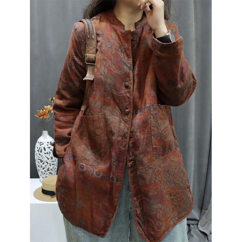 2026 Autumn Retro Print Women's Cotton-Linen Mid-Length Casual Frog Button Jacket