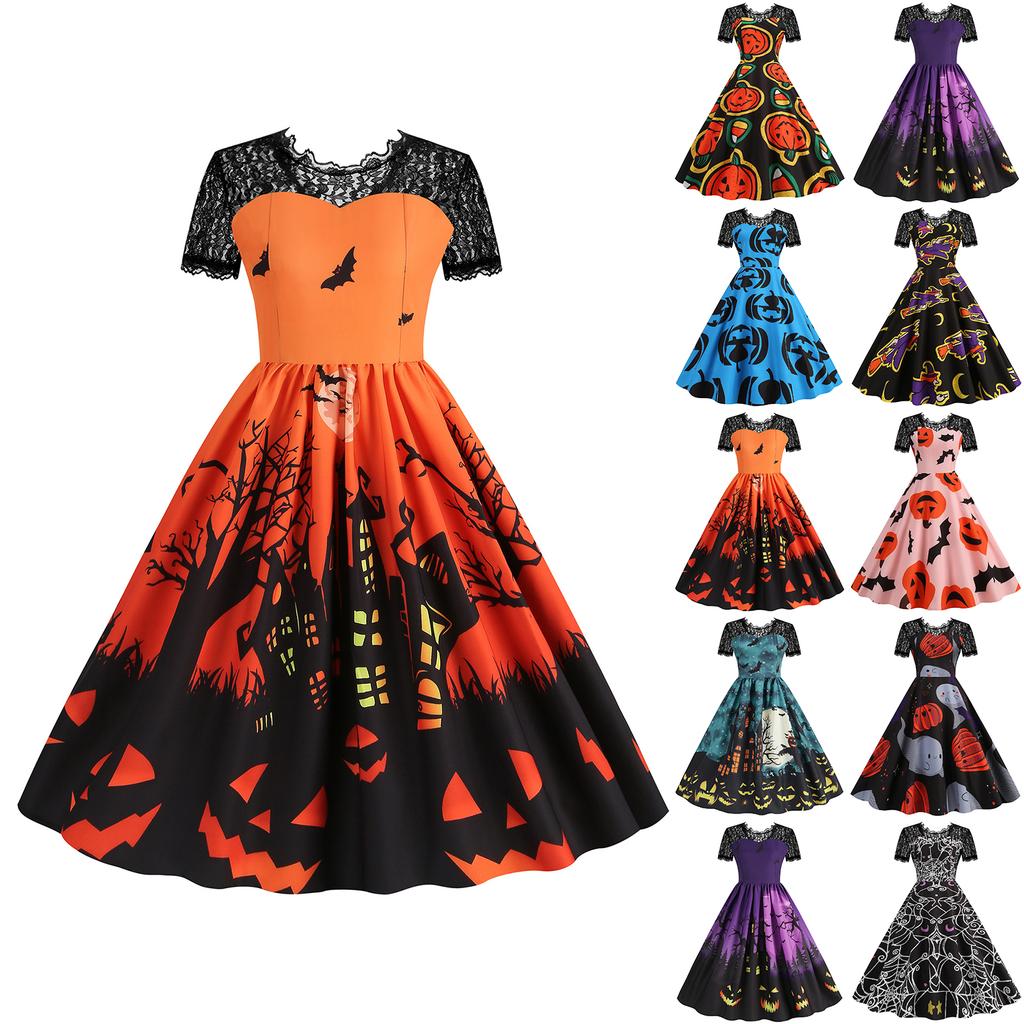 Women's Hepburn-Style Retro Lace Round Neck Short Sleeved Halloween Printed Dress