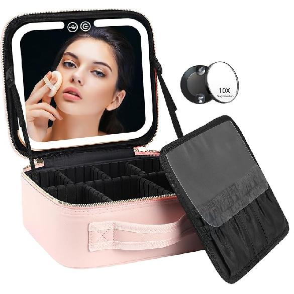 Travel Makeup Bag with LED Lighted Make up Case with Mirror 3 Color Setting Cosmetic Makeup Box Organizer Vanity Case for Women Beauty Tools