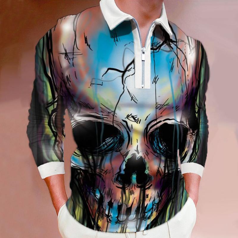 

Весна Осень Новые Мужские Длинные Рукава Молния Поло Рубашки Хэллоуин 3D Цифровой Принт Спортивные Отвороты Поло Рубашки Топы