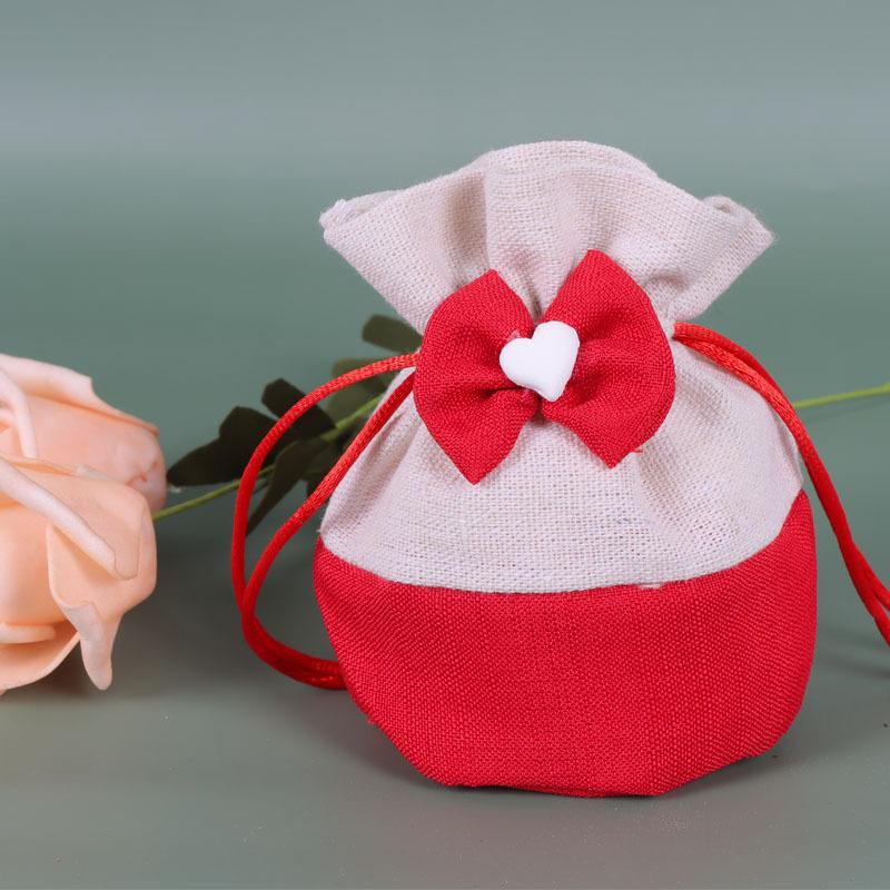 10Pcs Cotton Drawstring Gift Bag Cute Drawstring Round Bottom Candy Bag Butterfly Knot Heart-shaped Handmade Canvas Candy Bag