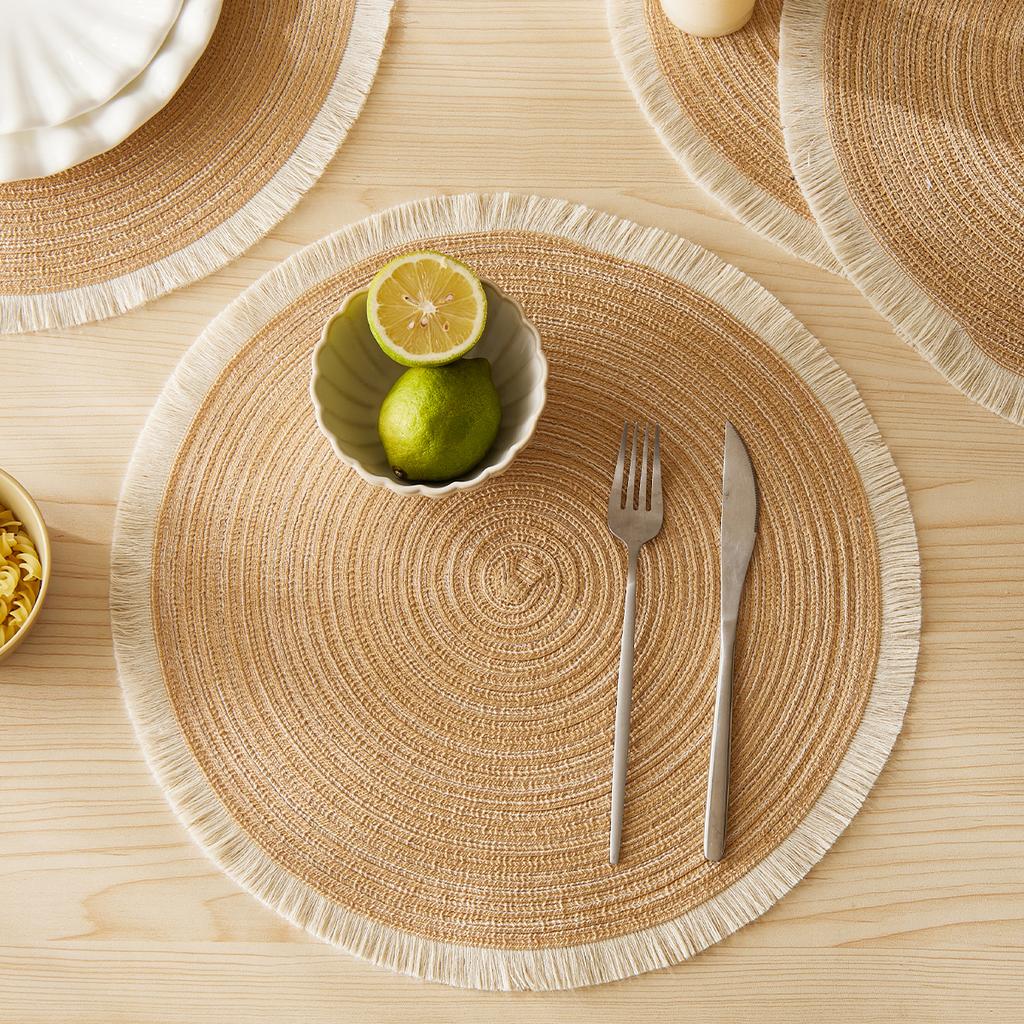4pcs/set Hot Selling Fringe Eco-friendly Household Non-Slip Morden Style Table Woven Placemats Polyester Round Mat coaster set