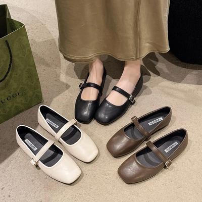 Mode Mary Jane Schuhe Damen Echtleder 2024 Neu Eckige Zehenpartie Druckknopf Ballerinas Damen Flache Rindsleder Damenschuhe