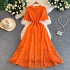 Solid Lace Splice Hollow Out Lace Dress for Women Summer Autumn Elegant Round Neck Short Sleeve Flower Embroidery Slim Midi Dresses