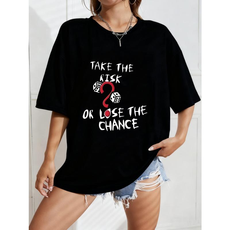 White Oversized T-Shirt With Take The Risk Or Lose The Chance Print And Question Mark Graphic For Casual Wear S