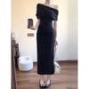 Royal sister, light and familiar style, black slanted shoulder dress, high-end girly temperament, waist-closed long dress, summer French Hepburn style