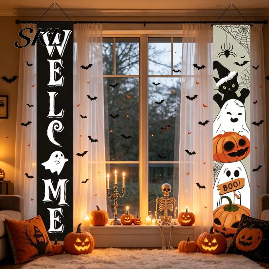 Decorative Party Accessory Halloween Porch Sign Banner, Pumpkin Ghost Awning Hanging Wall Indoor Decoration Door Decoration, Front Wreath Banner Yard