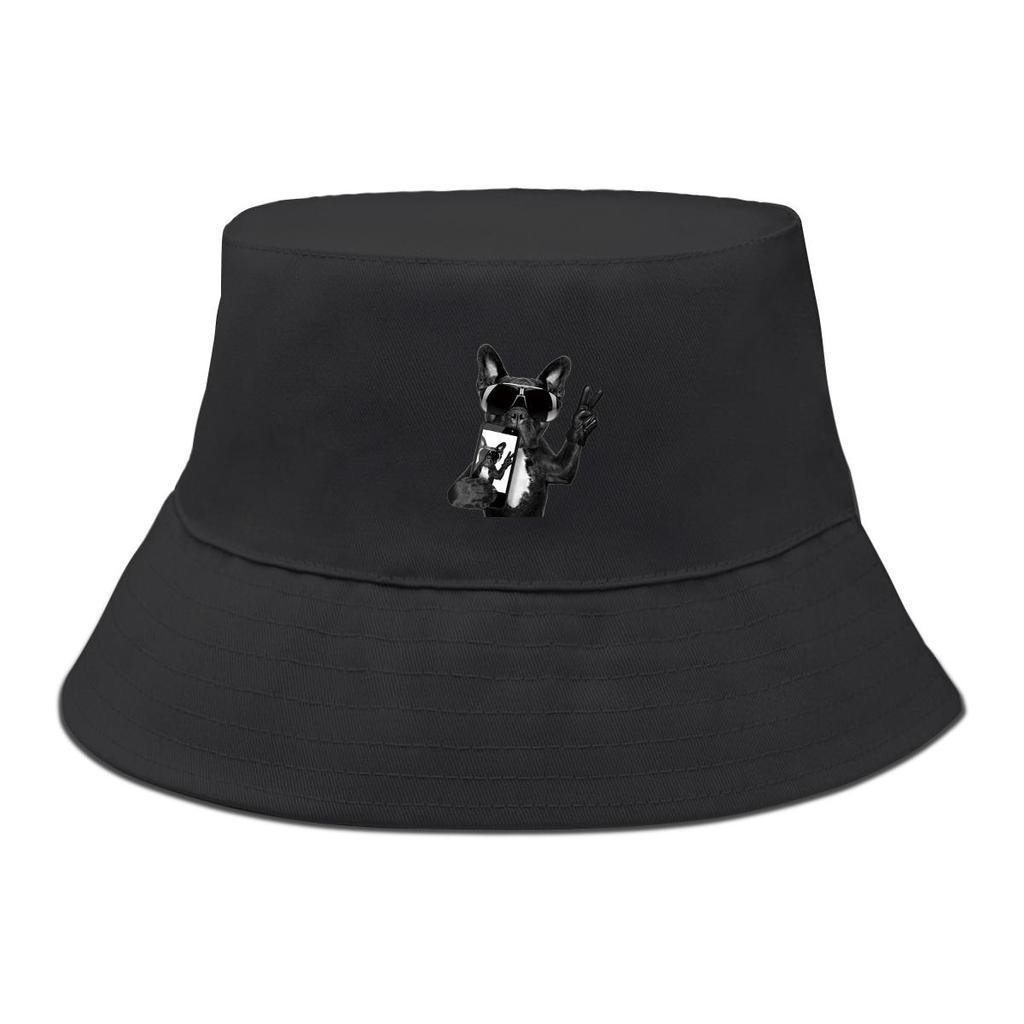 Black Dog Sunglasses Print Bucket Hat , Cool Animal Phone Women's Hat Fit Unisex Wide Brim Beach Cap