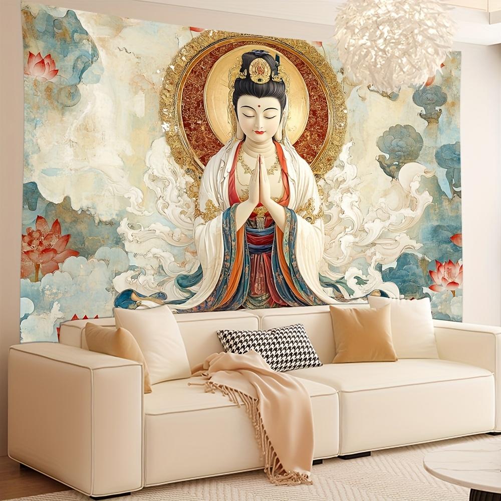 Gobelín Guanyin, Bohyně milosrdenství s lotosovými květy a svatozáří, Duchovní buddhistické umění Nástěnná dekorace do meditační místnosti