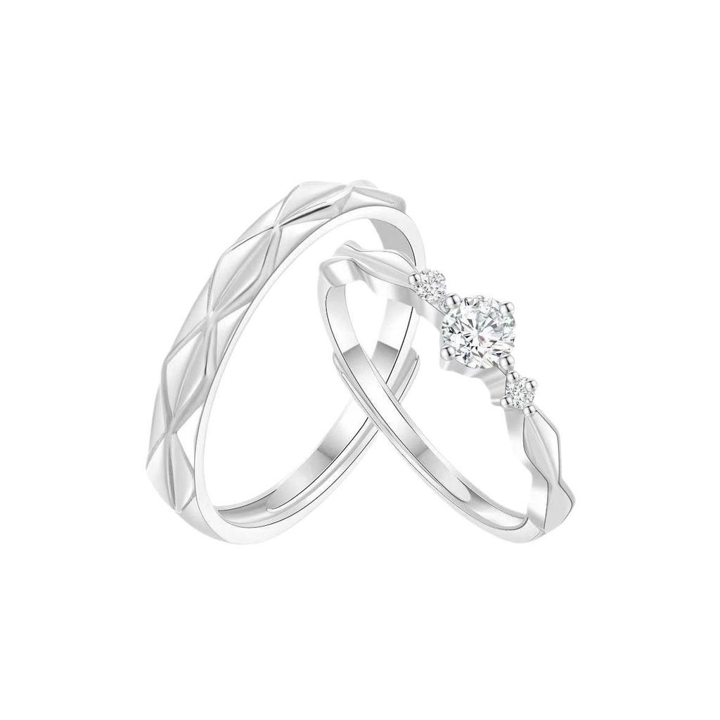 Love's Promise Platinum Gold Couple's Ring: 999 Sterling Silver Plated, Open Design with Entwined Threads and Simple Diamond Accents.