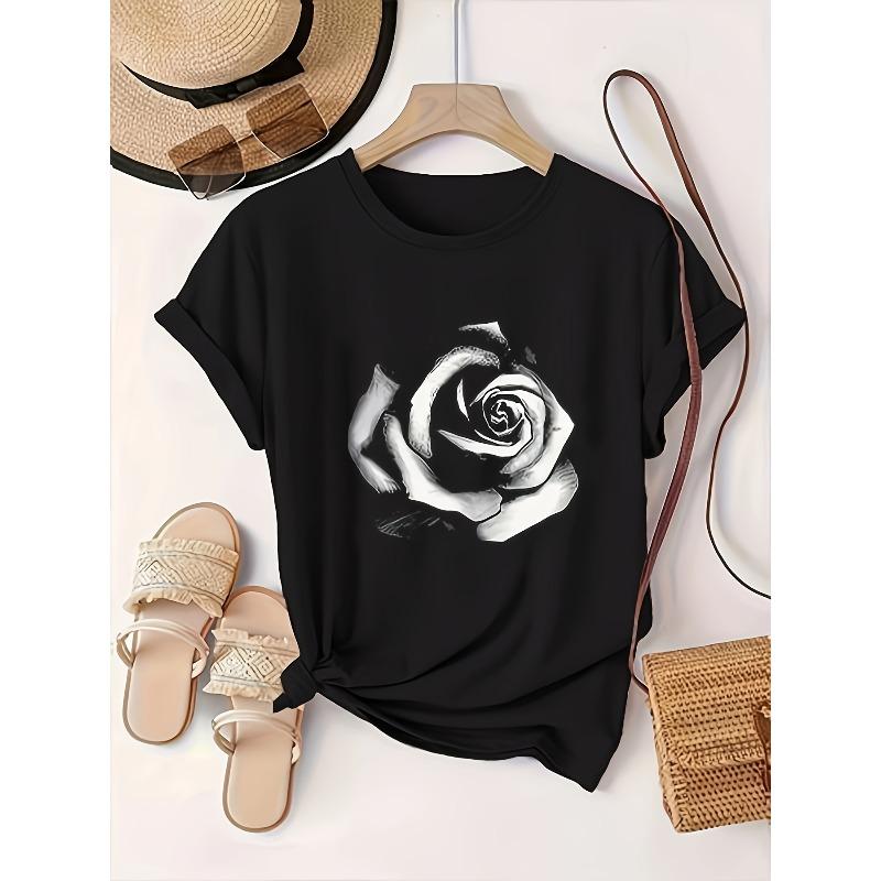 European Size Women's Plus Size Black Short-Sleeve Round Neck T-Shirt - Elegant Rose Flower Print Blouse, Spring Summer Fall Casual & Semi