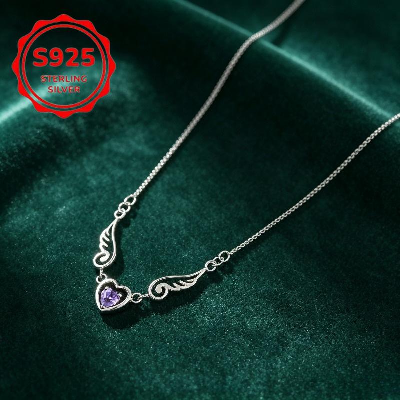 Ladies S Sterling Silver Layered Wing Heart Necklace with Purple Heart-shaped Synthetic Cubic Zirconia, Double-layer Chain Necklace, Hypoallergenic