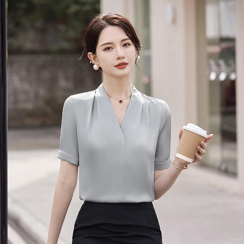 White Women's V-Neck Short Sleeve Shirt - Summer Professional Wear for a Goddess Style