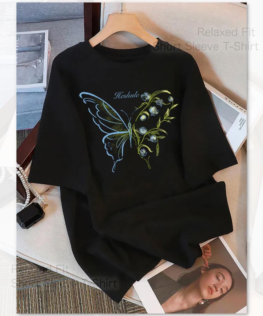 Bubu Ohana Loose Fit with Butterfly and Flower Print on the Front and Solid Short Drop Shoulder and Winter Women's T-Shirt Back, Sleeve, Flattering,