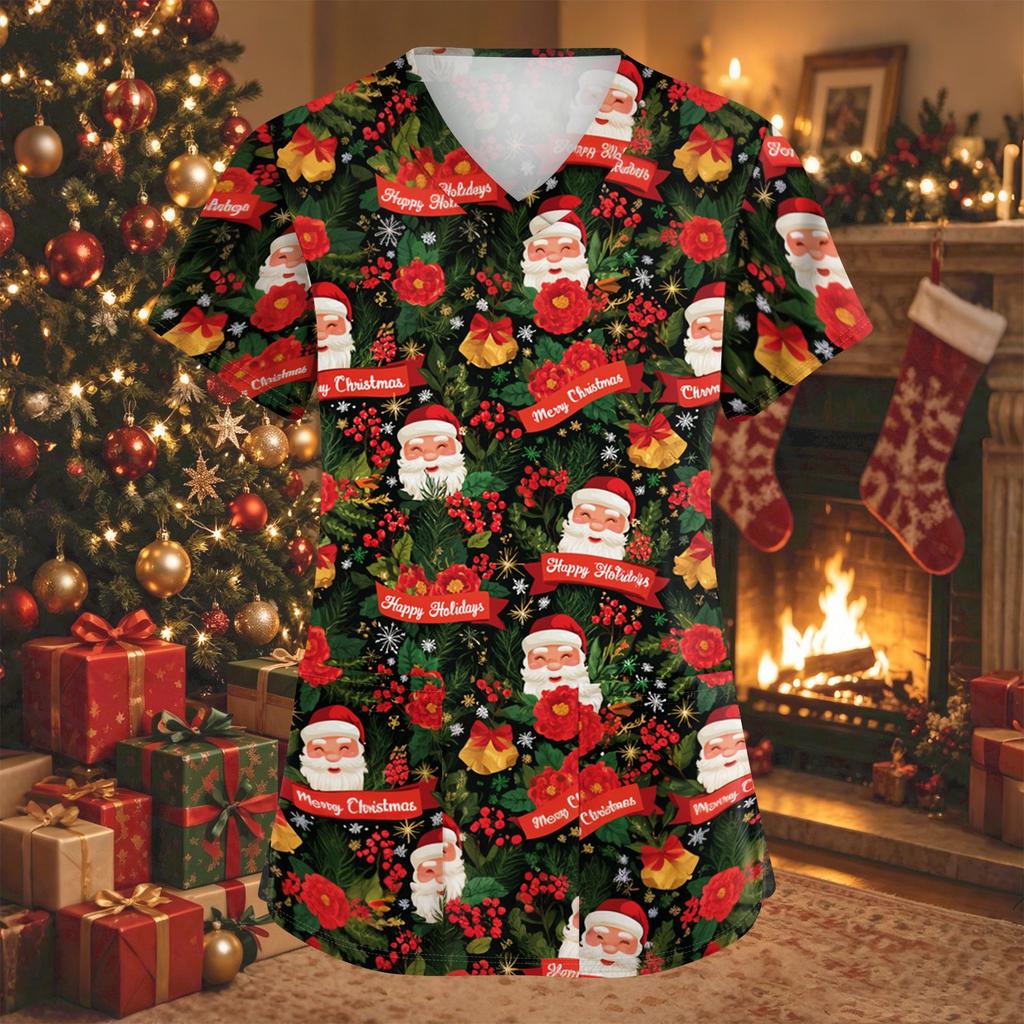 Women's Fashion Christmas Print V-Neck Short Sleeve Caregiver Work Top with Pockets