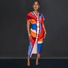 Women's European and American V-Neck Printed Slit Pleated Long Dress X6660