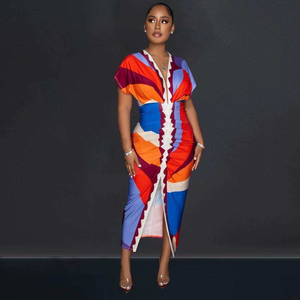 Women's European and American V-Neck Printed Slit Pleated Long Dress X6660