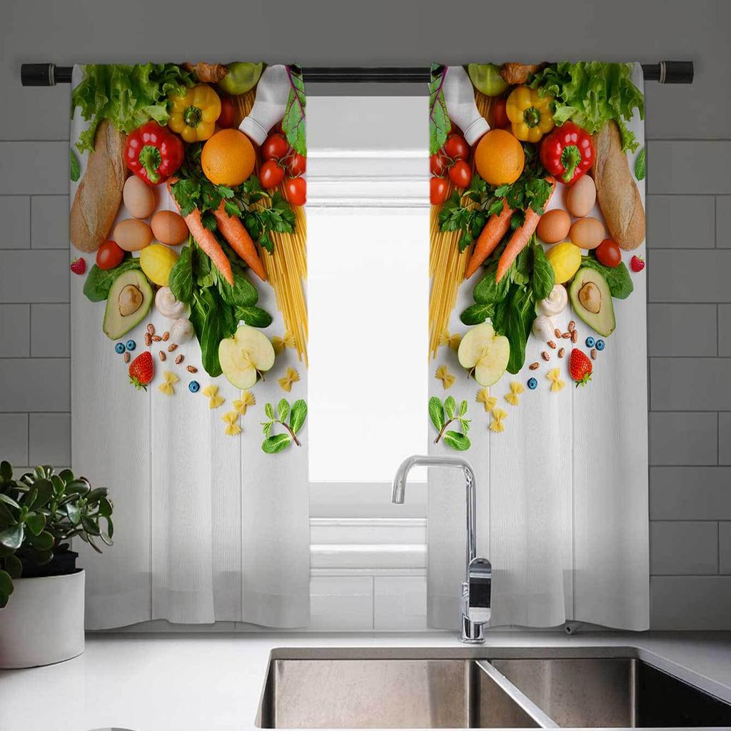 Vegetable Fruit Print Curtain Set Elegant 2Pcs Cafe Curtains Charming European Design Vintage Style Window Decor For Kitchen