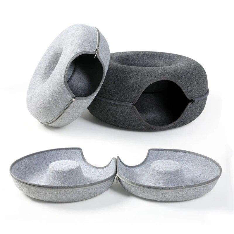 Cat Bed Donut Shape Pet Interactive House for 2 Cats Felt Tunnel Kitten Beds Removable Half Closed Cat Cave Nest Pets Supplies
