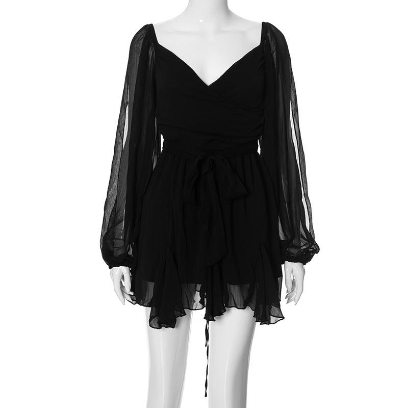 

Женское летнее однотонное повседневное сетчатое платье с длинными рукавами и открытой спиной, облегающее короткое платье M чёрный