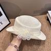 Floral Flat Top Straw Hat for Women French Hollowed Out Sun Hat Spring Summer Beach Vacation Casual Outdoor Fashion Accessory