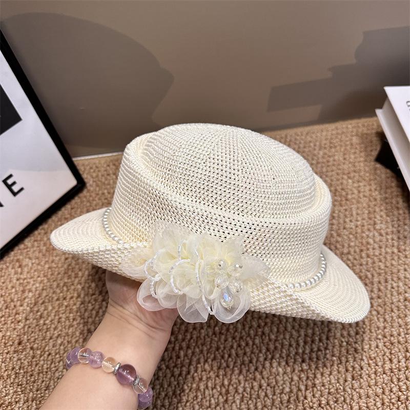Floral Flat Top Straw Hat for Women French Hollowed Out Sun Hat Spring Summer Beach Vacation Casual Outdoor Fashion Accessory