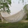Double Wide Heavy Duty Canvas Hammock With 60cm Wooden Rods Fringe Outdoor Camping Swing Garden Backyard Relaxation