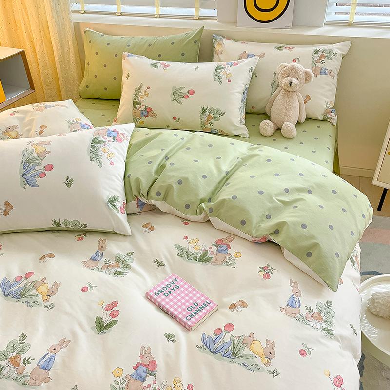 Juego de cuatro piezas de algodón puro de 60 hilos, cama gruesa de algodón puro, juego de tres piezas, algodón de fibra larga, funda de edredón pequeña y fresca, sábana ajustable