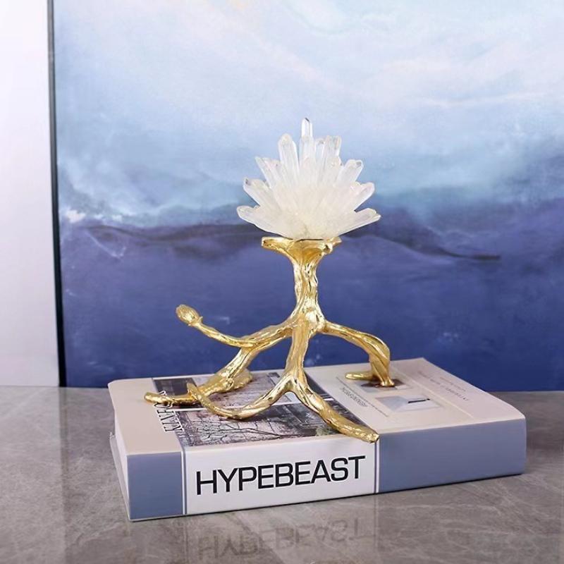 Natural Crystal Stone Branches Golden Bird Metal Branch Sculpture Golden Tree Metal Figurine Room Decoration Accessories