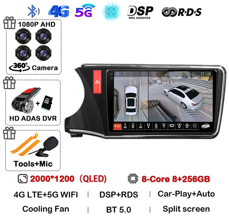 Android 14 Carplay Auto Car Radio For Honda CITY 2014 2015 2016 2017 2018 2019 Multimedia Stereo Player GPS 4G+WIFI 360 Camera