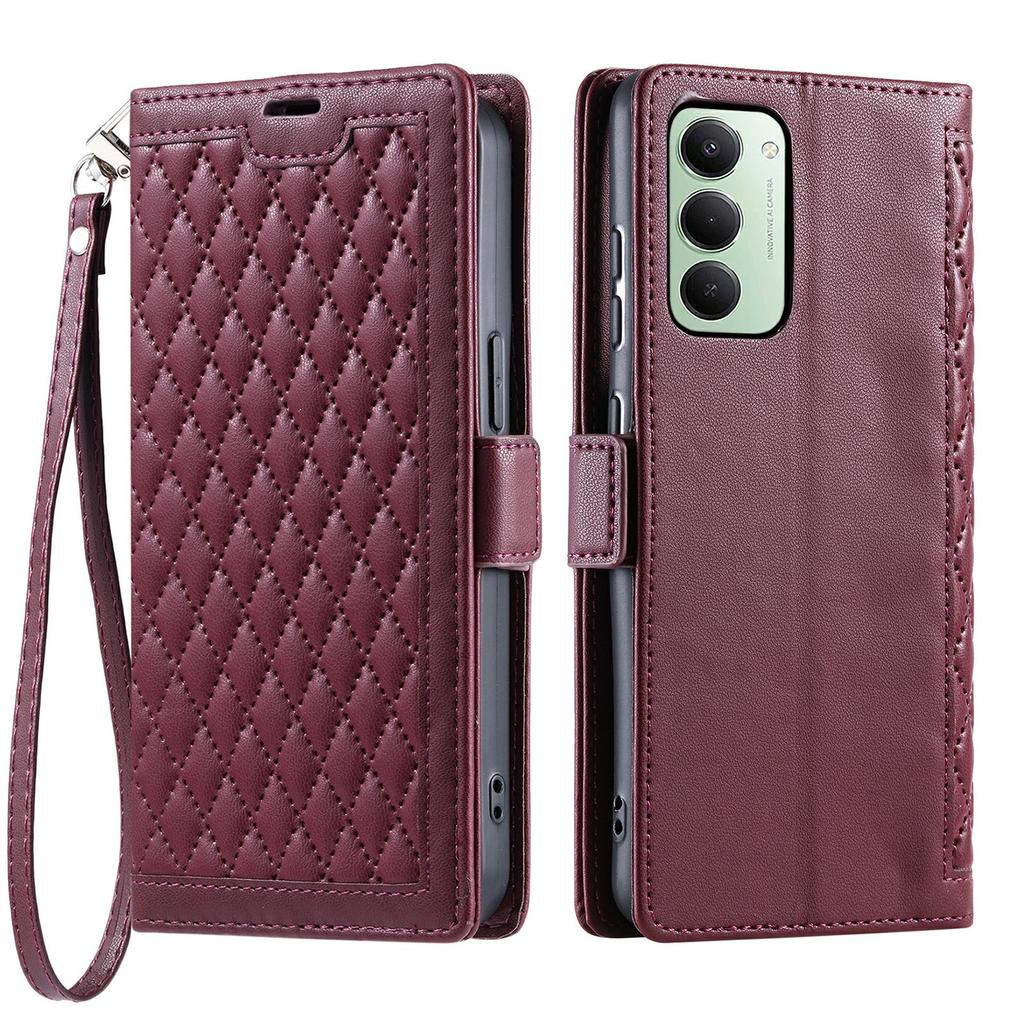 For Xiaomi Redmi 15 5G (Global) (169mm) Leather Case Rhombus Texture Wallet Stand Phone Cover with Wrist Strap